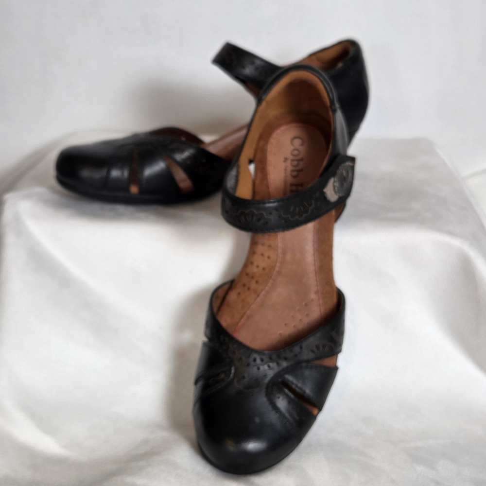 Cobb Hill Mary Jane Heels Womens 8.5 Black Laser Cut Leather Comfort Shoes Boho
